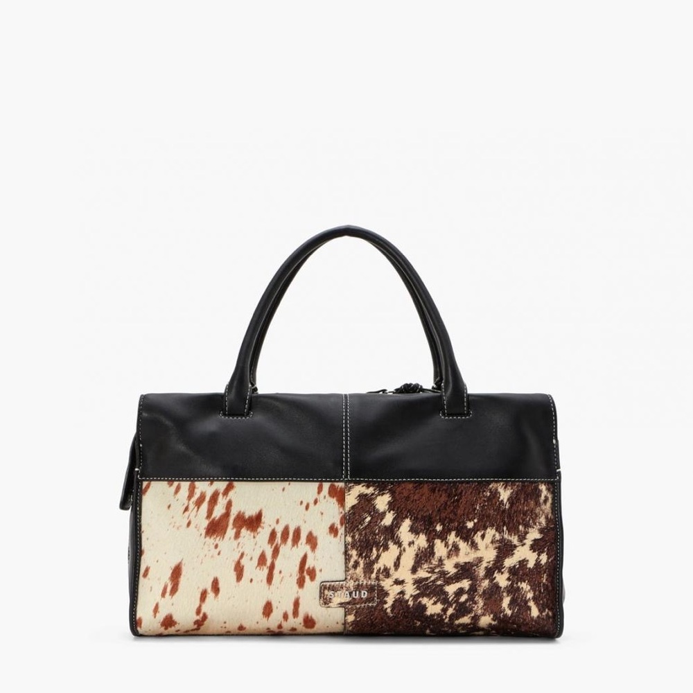 STAUD Split leather-trimmed animal-print calf hair satchel